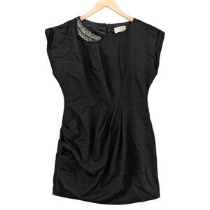 Lotus Ruched Mini Dress Black Beaded Neck Cap Sleeve Pleated Size L